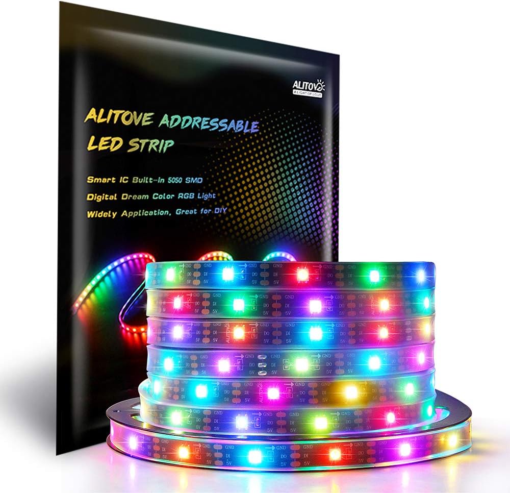 ALITOVE WS2812B LED Strip 16.4ft 150 LEDs Individually Addressable RGB LED Pixel Strip Lights 5050 SMD Dream Color Digital Programmable LED Lighting Waterproof IP67 Black PCB DC 5V for Decor Lighting - ALITOVE-Add Vivid Color to Life
