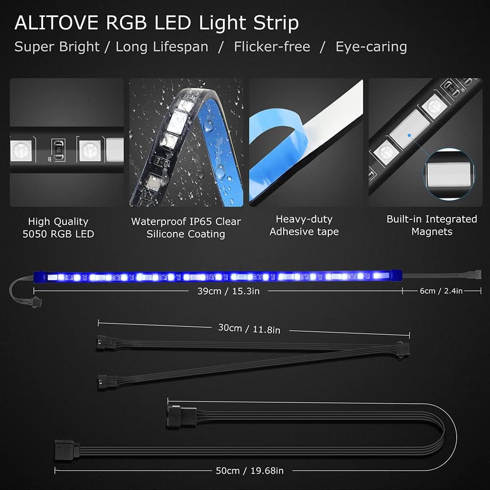 ALITOVE PC LED Strip for Motherboard - Magnetic RGB Case DIY Light Strip, 4 Pin Header, ASUS Aura Sync Gigabyte RGB Fusion MSI Mystic Light - ALITOVE-Add Vivid Color to Life