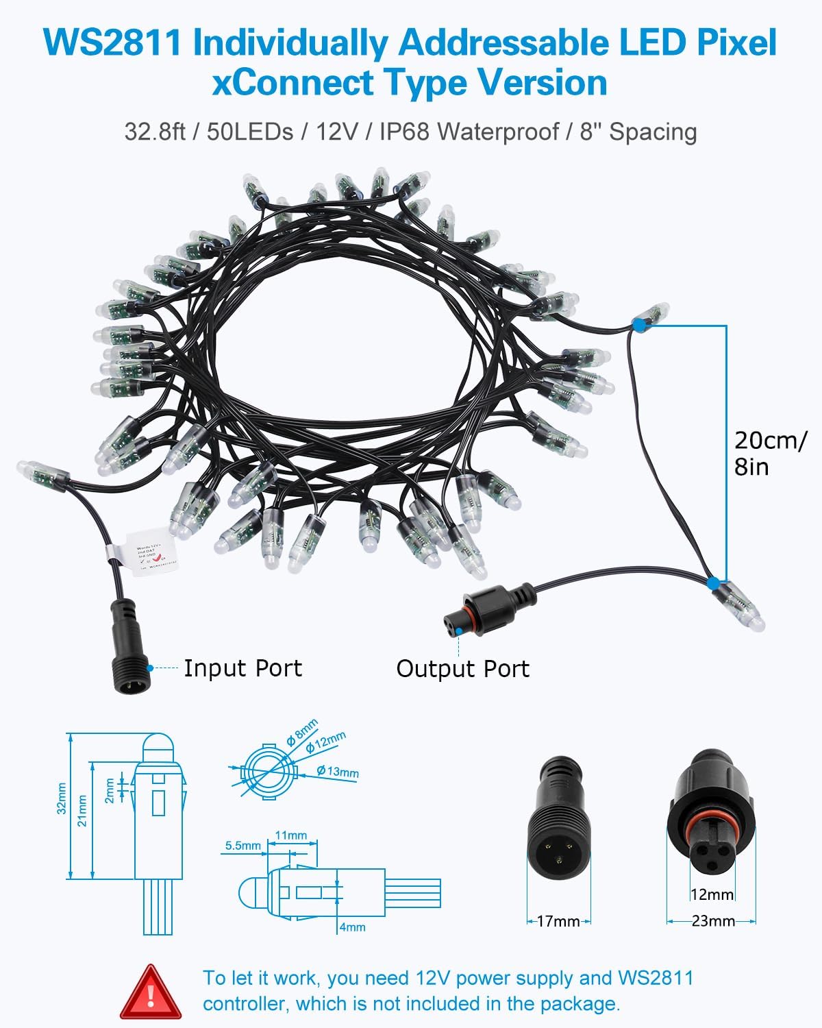 ALITOVE WS2811 12V RGB Pixel String Lights 8 inch Spacing 50LEDs Outdoor Programmable LED Pixels Light 12mm Diffused Digital Addressable Color Changing Bullet Modules with Waterproof Xconnector - ALITOVE-Add Vivid Color to Life