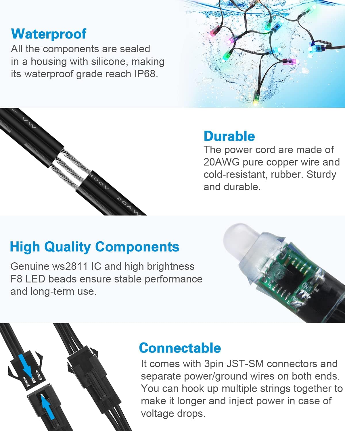 ALITOVE 50pcs 12V DC WS2811 LED Pixels - 12mm, Diffused Digital RGB Addressable, IP68 Waterproof - ALITOVE-Add Vivid Color to Life