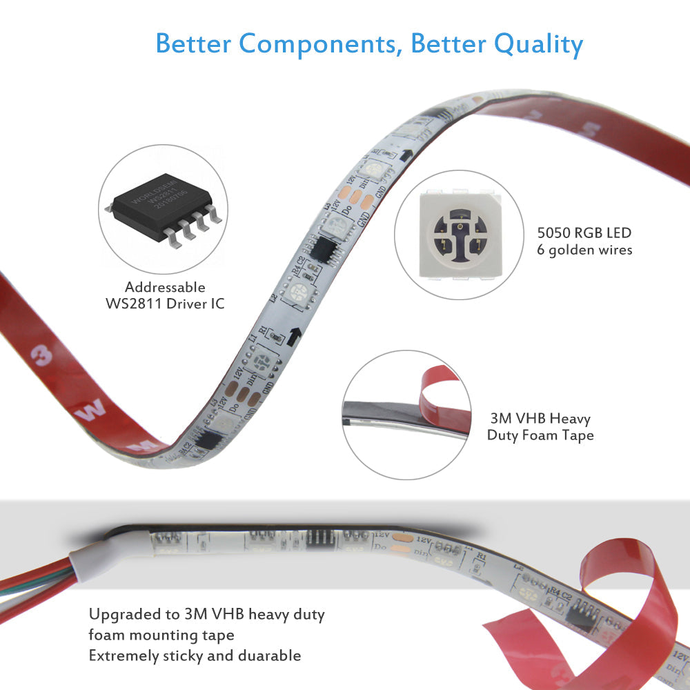 ALITOVE 16.4ft 300 LEDs WS2811 12V Addressable RGB LED Strip Lights with 3M VHB Heavy Duty Self-Adhesive Back - ALITOVE-Add Vivid Color to Life