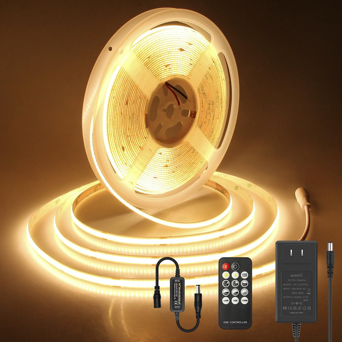 ALITOVE 24V Warm White LED Strip Lights 32.8FT with Remote 3000K Dotless | Strong Adhesive COB LED Tape Light, Cuttable Dimmable LED Strip Light, CRI 90+ 3200LEDs, for Cabinet Bedroom Indoor Lighting - ALITOVE-Add Vivid Color to Life