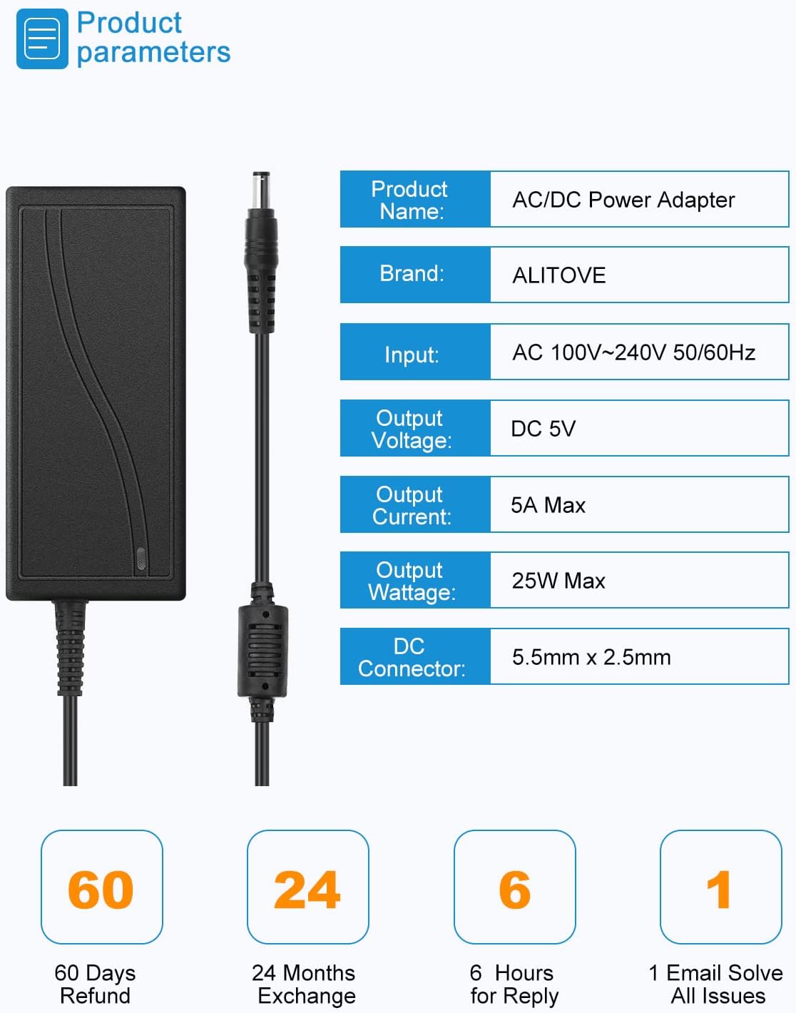 ALITOVE 5V 5A Power Supply Adapter - Versatile Power Solution for LED Pixel Strip Lights and More