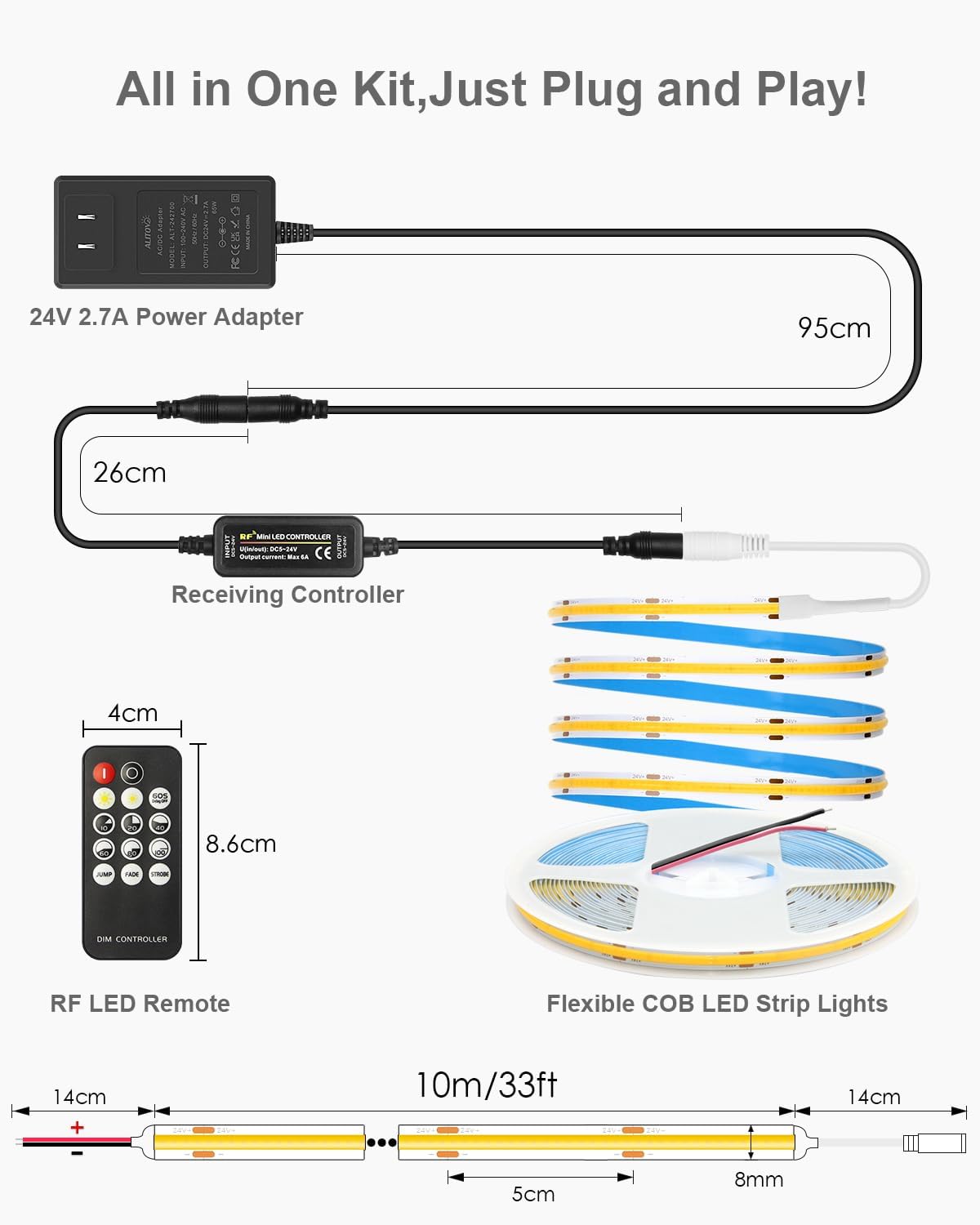 ALITOVE 24V Warm White LED Strip Lights 32.8FT with Remote 3000K Dotless | Strong Adhesive COB LED Tape Light, Cuttable Dimmable LED Strip Light, CRI 90+ 3200LEDs, for Cabinet Bedroom Indoor Lighting - ALITOVE-Add Vivid Color to Life