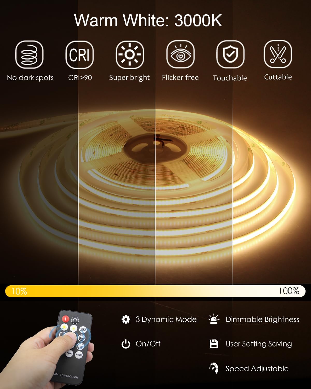 ALITOVE 24V Warm White LED Strip Lights 32.8FT with Remote 3000K Dotless | Strong Adhesive COB LED Tape Light, Cuttable Dimmable LED Strip Light, CRI 90+ 3200LEDs, for Cabinet Bedroom Indoor Lighting - ALITOVE-Add Vivid Color to Life