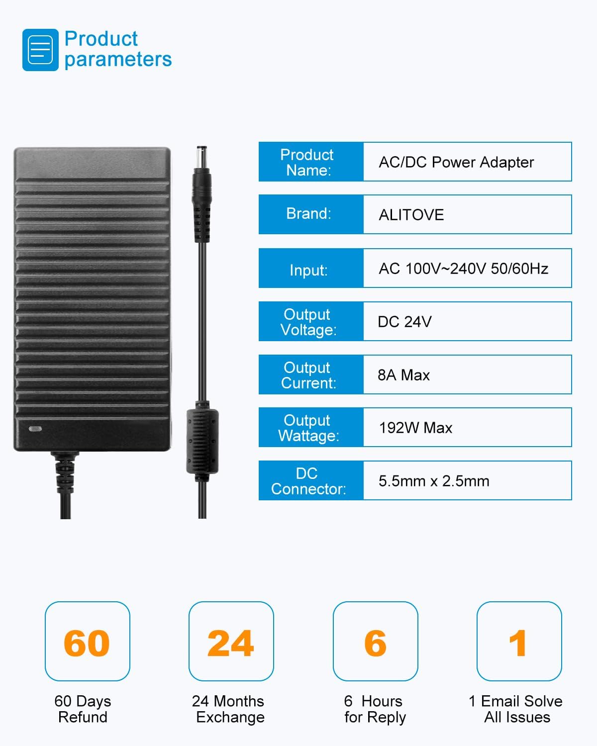 ALITOVE 24V 8A Power Supply Adapter - 192W for LED Light
