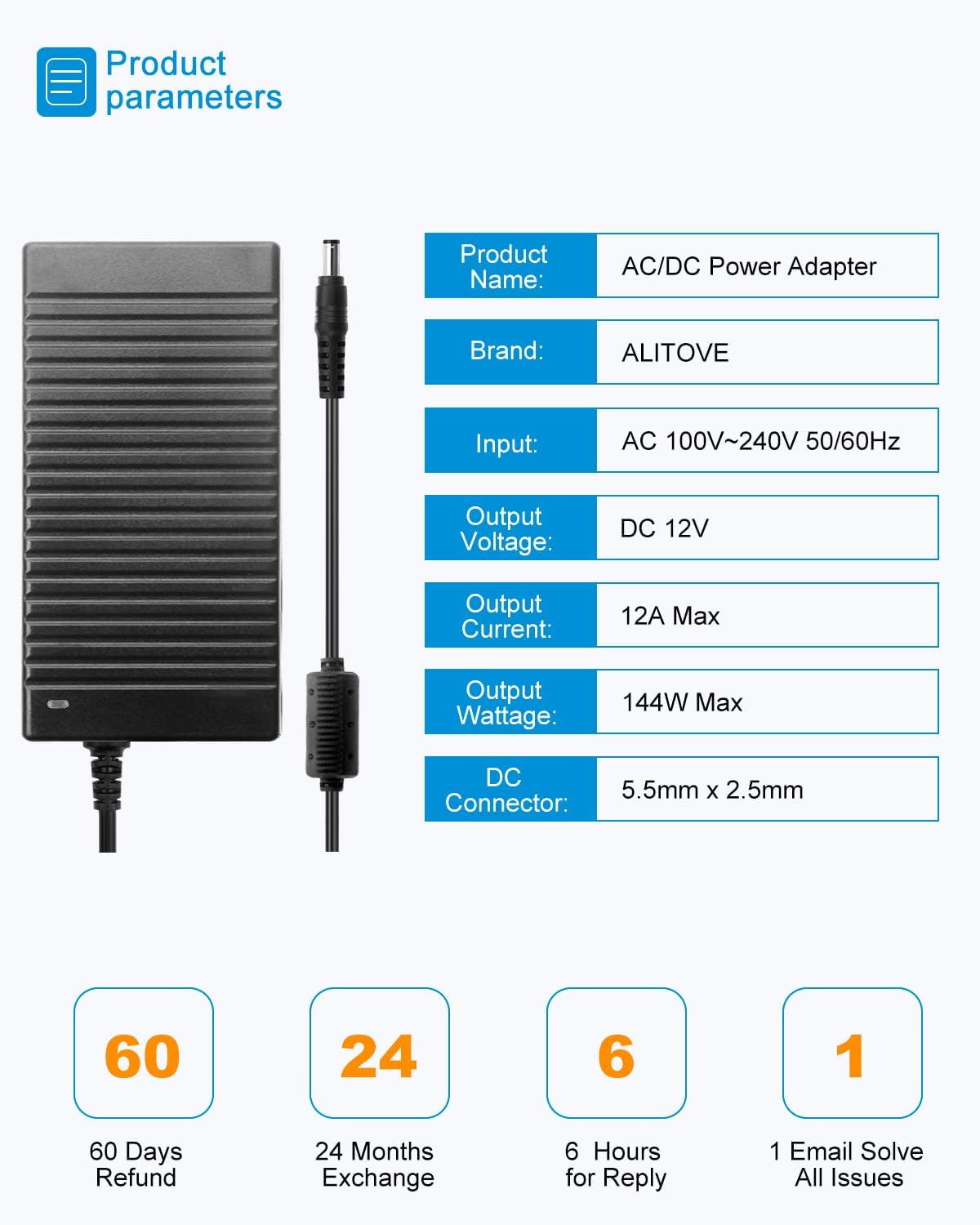 ALITOVE 12V DC Power Supply - 12V 12A 144W Adapter - ALITOVE-Add Vivid Color to Life