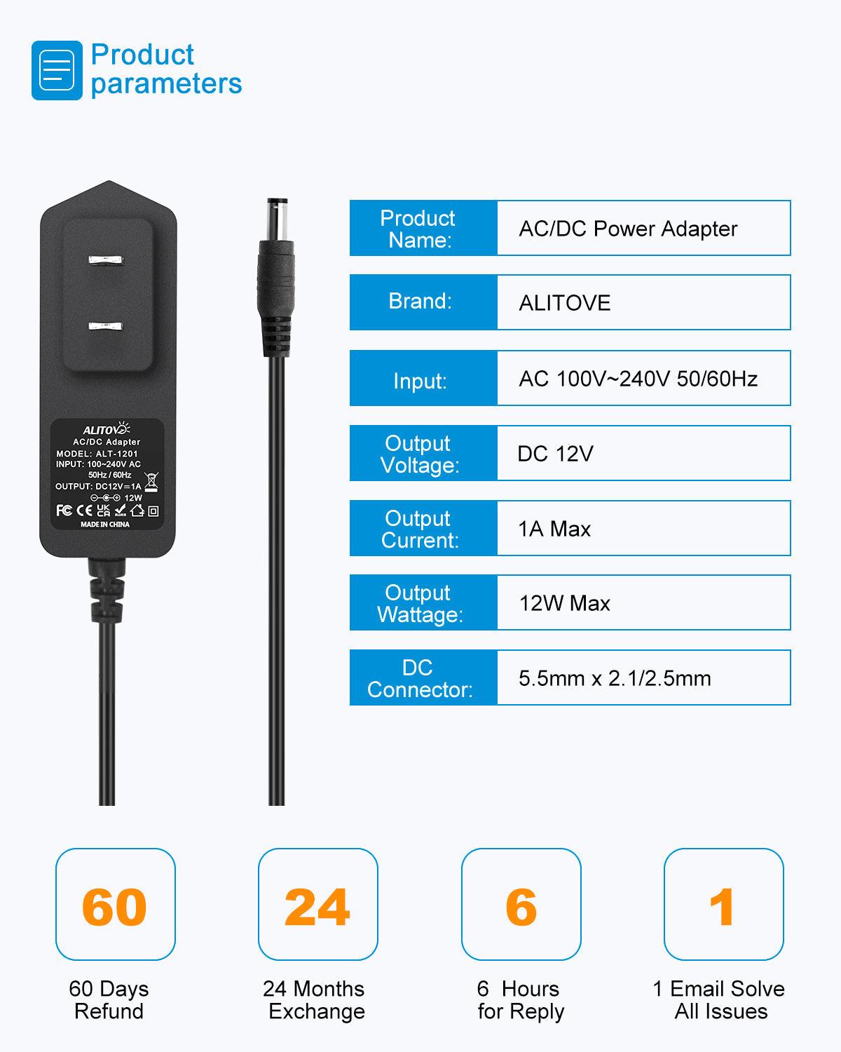 ALITOVE 12V 1A Power Adapter - Ideal for LED Strips and Surveillance Systems - ALITOVE-Add Vivid Color to Life