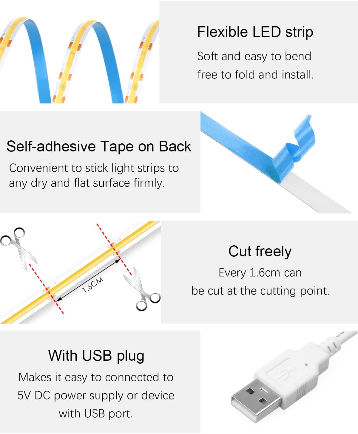 ALITOVE 5V COB LED Strip Light White 6000K CRI 85+ USB Powered Led Light Strip 3.28FT/1M 320LED Flexible Under Cabinet Tape Light for TV Backlight Bedroom Kitchen,Home DIY Lighting - ALITOVE-Add Vivid Color to Life