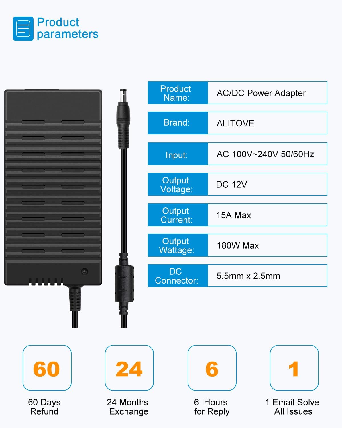 ALITOVE 12V 15A Power Supply DC 12 Volt 15amp 180W LED Driver Power Adapter AC to DC Converter 10A 5A Low Voltage Transformer 5.5x2.5 2.1mm Barrel for DC12V Device LED Light Printer Fan Pump Camera