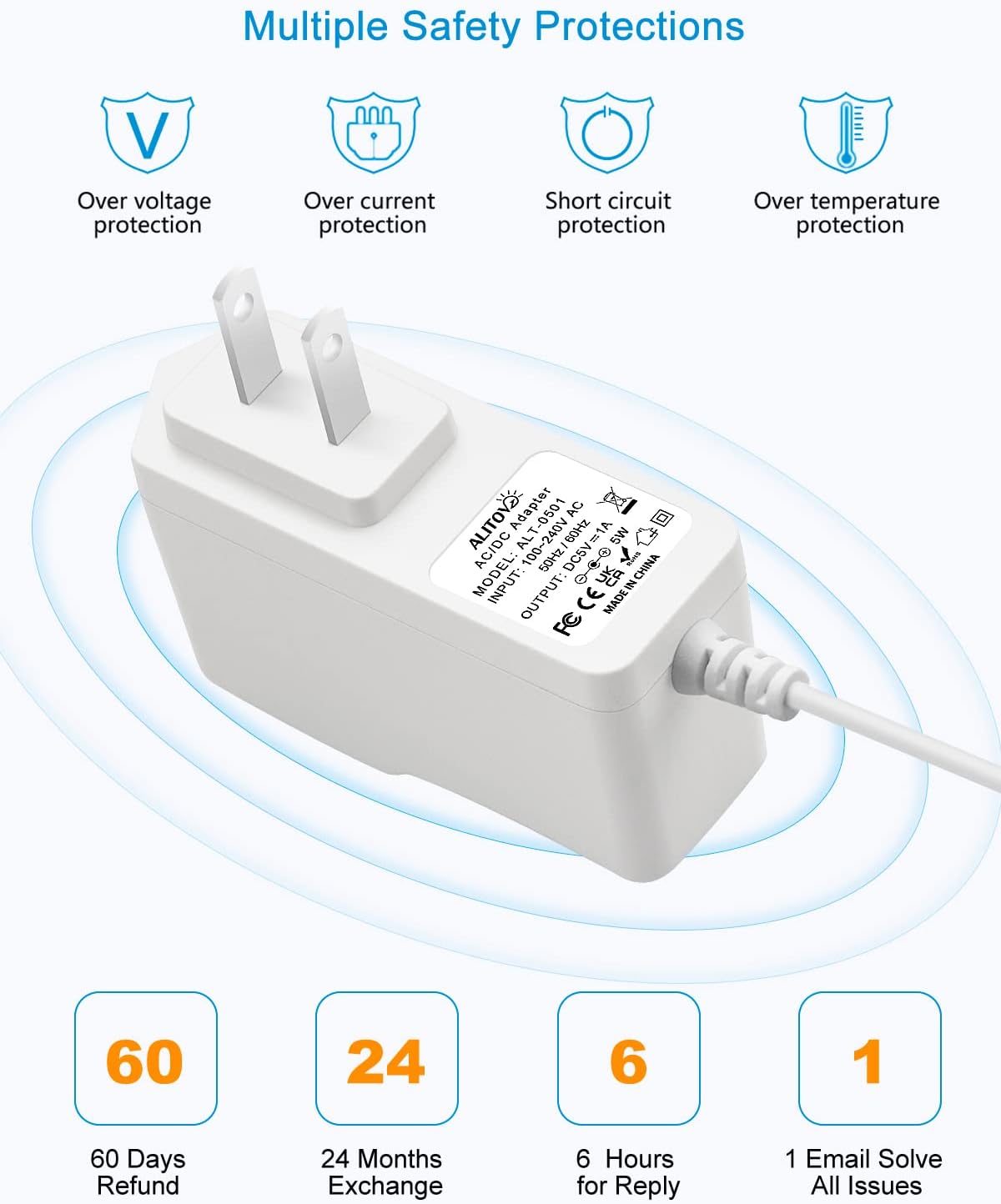 ALITOVE 5V 1A Universal AC/DC Adapter - 8 Tips, 100-240V Power Cord Converter, White - ALITOVE-Add Vivid Color to Life