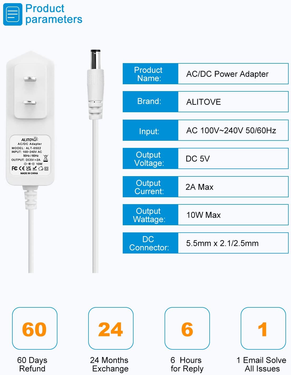 ALITOVE 5V 2A Power Supply Adapter - 5V 10W AC to DC, 5.5 x 2.5mm 2.1mm DC Tip, for WiFi Router LED Light, White - ALITOVE-Add Vivid Color to Life