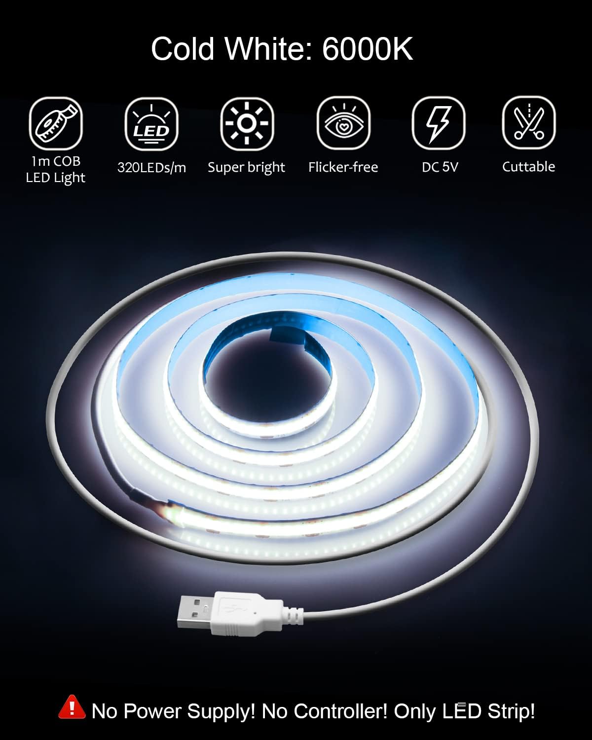 ALITOVE 5V COB LED Strip Light White 6000K CRI 85+ USB Powered Led Light Strip 3.28FT/1M 320LED Flexible Under Cabinet Tape Light for TV Backlight Bedroom Kitchen,Home DIY Lighting - ALITOVE-Add Vivid Color to Life