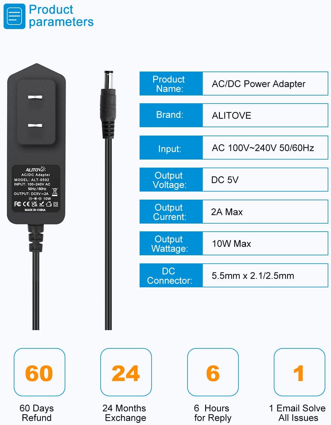 ALITOVE 5V 2A Power Adapter - 10W AC/DC Charger for WiFi Router, Monitor, Camera, LED Light - Universal 5.5 x 2.5mm Plug - ALITOVE-Add Vivid Color to Life