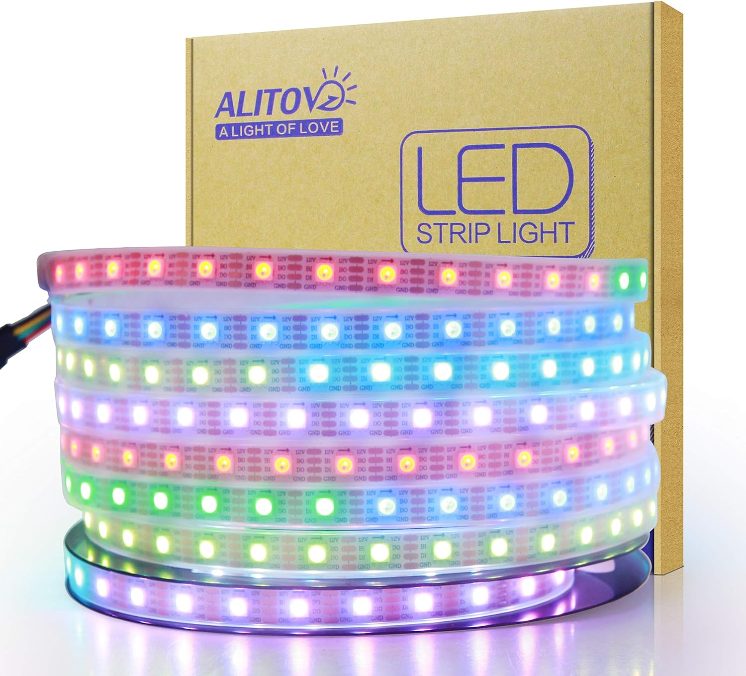 ALITOVE 12V WS2815 LED Strip Individually Addressable Dual Signal 4pin RGB LED Strip Lights Outdoor 150 Pixels 16.4ft Waterproof IP67, Replacement for WS2812B WS2811 SK6812(No Power & Controller) - ALITOVE-Add Vivid Color to Life