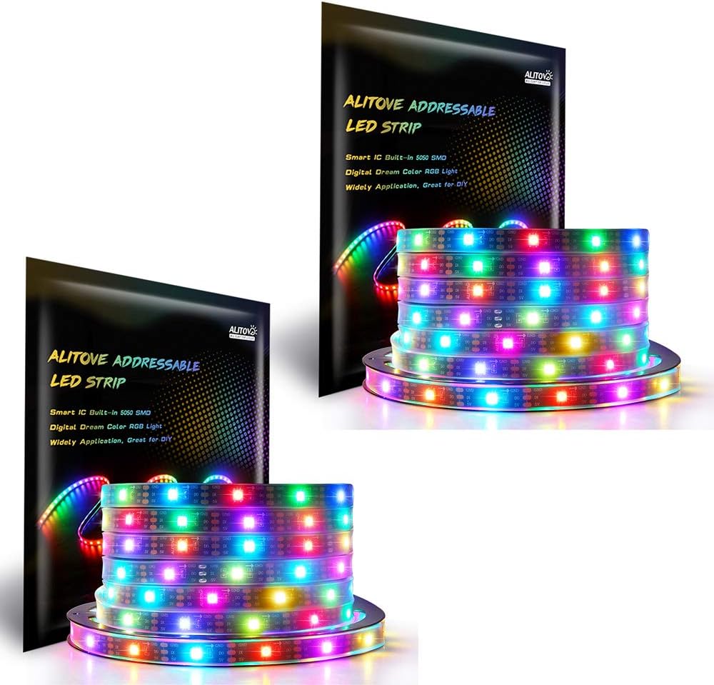 ALITOVE WS2812B LED Strip 16.4ft 150 LEDs Individually Addressable RGB LED Pixel Strip Lights 5050 SMD Dream Color Digital Programmable LED Lighting Waterproof IP67 Black PCB DC 5V for Decor Lighting - ALITOVE-Add Vivid Color to Life
